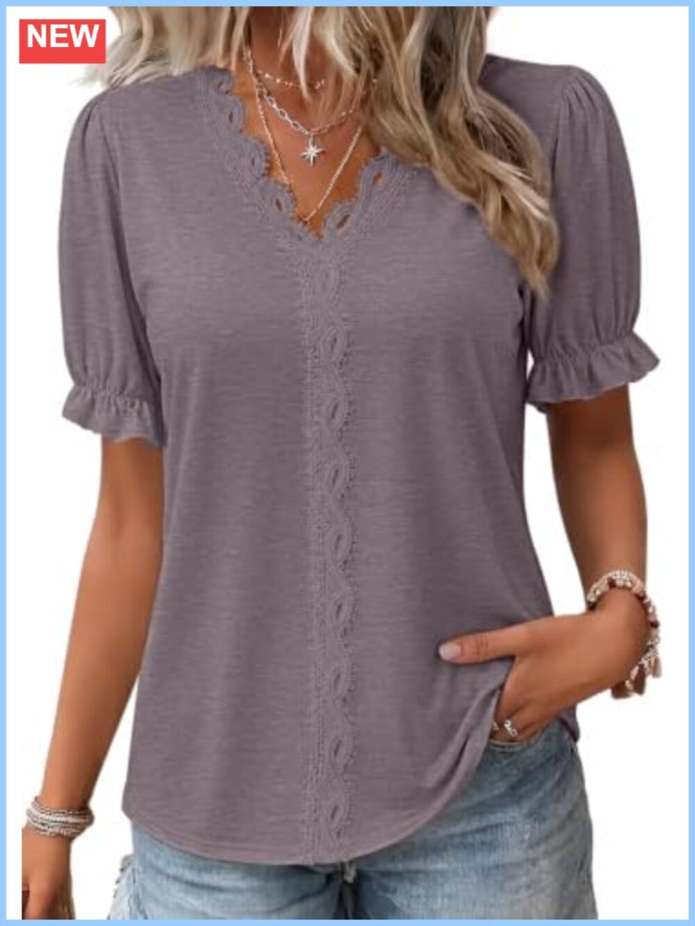 Puff Sleeve V-Neck Blouse with Lace Embroidery